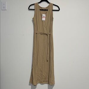 NWT MICHAEL Michael Kors Linen Tan Midi Dress Gold Buckles Tie Front $155 MSRP